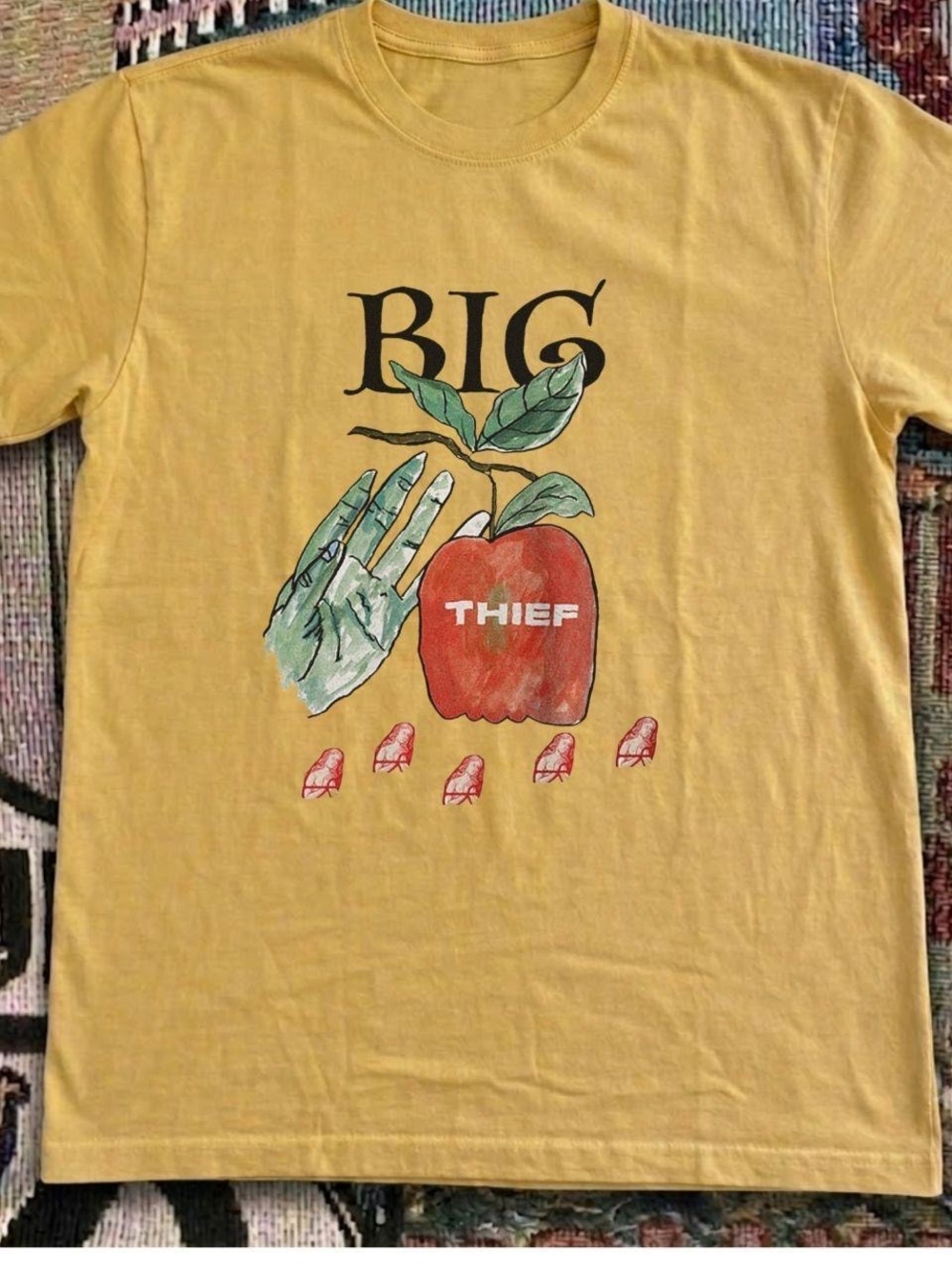 Gildan Yellow Graphic Tee with Red Apple and Green Hand